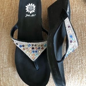 Yellow box wedge flip flops